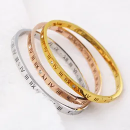 Stilista Bangles Bracciale da donna in acciaio al titanio con zirconi digitali romani scavato in oro rosa con apertura a coppia