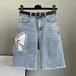 Frauen Jeans URIOR 2023 Sommer Vielseitige Hohe Taille Nagel Perlen Pailletten Bowknot Denim Shorts Frauen Dünne Capris Hosen