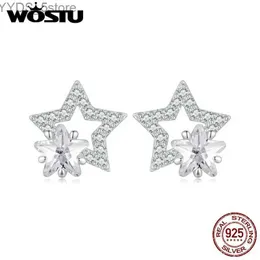 Orecchini a bottone WOSTU in argento sterling 925 con doppia stella zircone per le donne Bling lucido CZ scava fuori clip per orecchie gioielli da sposa regalo per feste YQ231107