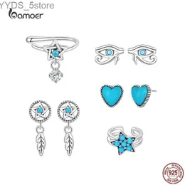 Ohrstecker BAMOER 925 Sterling Silber Schlichter Türkis Piercing Ohrstecker Traumfänger Hohl Evil Eye Stern Herz Ohrring Clip Schmuck Geschenk YQ231107