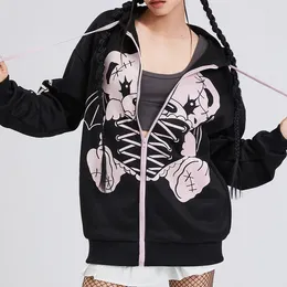 Sudaderas con capucha para mujer Lolita Zip Primavera Otoño Ropa Kawaii Lindo Oso Estampado Manga larga Sudadera estética Chaqueta con bolsillos