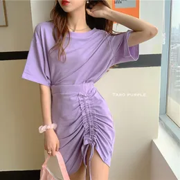 Vestido de duas peças drawstring ruch cintura A-line Dress A-line Summer Summer's Short Sleeve Dress Mini Dress Party Purple Sexy Tight Dress 230407