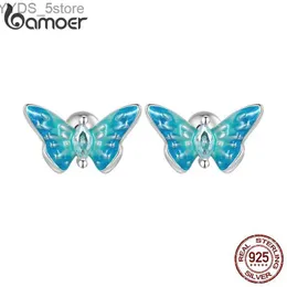 Stud Bamoer 925 Sterling Silver Blue Butterfly Butterfly Stud arocrings for Women Ensect Flower Ear Buds Fashion All-Match Jewelry Gifts YQ231107