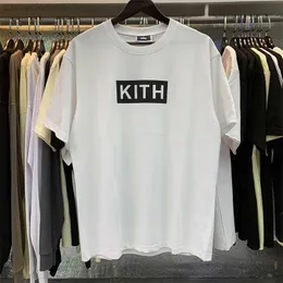 Camisetas masculinas nova moda verão kith caixa simples impressão em cores sólidas de alta qualidade fio duplo algodão manga curta para homens e mulheres
