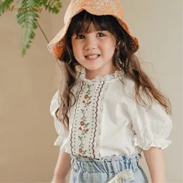 Kids Shirts Fashion Baby Girl Embroidery Shirt Cotton Infant Toddler Child Short Puff Sleeve Blouses Solid Color Summer Clothes 1 7Y 230407