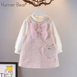 Roupas conjuntos de humor vestido de urso menina outono de manga longa Plaid Princess Dress Sags 3pcs estilo doce roupas de criança vestido 2 6y 230407