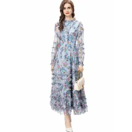 Women's Runway Dresses O Neck Long Sleeves Printed Floral Ruffles Printed Floral Elegant Vestidos Party Prom Gown