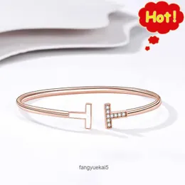 925 Sterling Silver Double T Open Bracelet Letter Net Red Home Diamond와 18K 로즈 골드 도금 PXUA