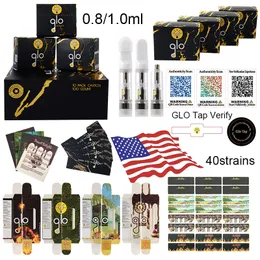 GLO Extracts Vape Cartridges Packaging 0.8ml 1.0ml Atomizers GLOs Tap Verify Ceramic Coil Empty Dab Pens Oil Cartridge Carts USA Warehouse