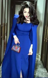 Elegant Royal Blue Sheath Evening Dresses With Cape Long Sleeves Square Neck Front Split Simple Prom Dress Covered Button 2024 Dubai Women Formal Occasion Gowns