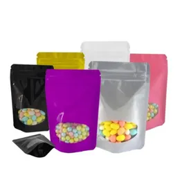 100 pz/lotto 5 dimensioni 85x13 cm Borse stand up colorate Borsa portaoggetti con chiusura a cerniera in foglio di alluminio con finestra rotonda per Mylar richiudibile con zip Lo Gnmj