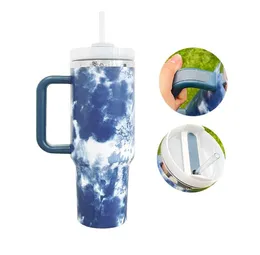 أكواب 40oz صبغ Tie Travel Tumbler مع مقبض الفولاذ المقاوم للصدأ جدار مزدوج مؤكد Bandhnu Cups Plangi Drop Drop