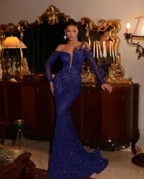 Dark Blue Mermaid Prom Dresses Long Sleeves V Neck Appliques Sequins Floor Length 3D Lace Hollow Sparkly Beaded Evening Dress Bridal Gowns Plus Size Custom Made