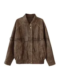 سترات نسائية جديدة خريف الشتاء womwn American Vintage Pu Coat zip Up Faux Leather Old Money Bomber Jacket Classical Exploy Outwear Aealed J231107
