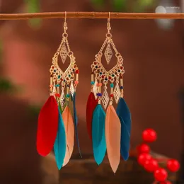 Brincos pendurados moda boho contas coloridas borla de penas para mulheres vintage liga de ouro geométrica losango joias de noiva
