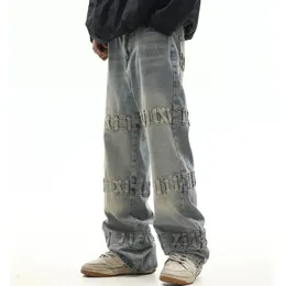 Calças jeans largas vintage com cadarço para homens e mulheres streetwear calças jeans largas retas de grandes dimensões