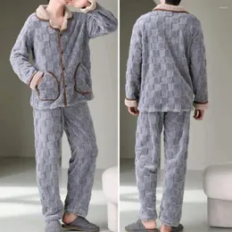 Masculino sleepwear 2 pçs / set homens inverno loungewear grosso pelúcia quente lapela manga longa casaco elástico cintura bolsos coral velo calças conjunto pijama
