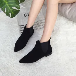 Stövlar flockar lägenheter Korta ankelstrumpor Stövlar Slim Point Toe Stretch Fabric Slip på Lazy Chelsea Booties Kvinnor Plush/Single Espadrilles AA230406