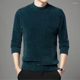 Suéteres para hombres suéter engrosado imitación visón invierno cálido joven y mediana edad ocio color puro medio cuello alto elástico