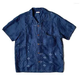 Men's Casual Shirts KAPITAL 23SS Blue Dyeing Tannin Denim Cotton Stamp Montage Japanese Retro Men's Short-sleeved Shirt
