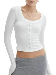 女性のTシャツDuoyunn Women s Long Sleeve Ribbed Y2K TOPSボタンスリムフィットアウトします。