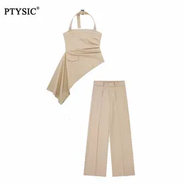 여성 2 피스 팬츠 Ptysic Women Elegant Beige 비대칭 Gabardine 최고 허리 와이드 다리 느슨한 바지 여성 정장 세트 230407