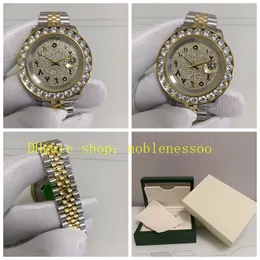 Foto real com caixa Mens Diamond Watches Men 43mm Automático 18K Ouro Amarelo Árabe Roman Dial Big Diamond Bezel Dois Tons Jubileu Pulseira Relógio Mecânico