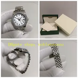 Verklig bild med Box Women Automatic Watch Ladys 31mm White Mother of Pearl Dial Diamond Bezel 68274 Steel Ladies Armband 278274 Mekaniska klockor