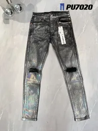 Herr jeans lila varumärke nödställda smala fit streetwear tvättade förstörda gör gamla hål rippade denim långa byxor byxor 231107