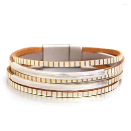 Charmarmband Allyes Fashion Plaid Leather 2023 Multilayer Metal Tube Thin Strip Wrap Kvinnliga smycken gåvor