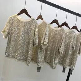 T-shirt à manches courtes et paillettes Beige pour femme, col rond, en mousseline de soie, décontracté, Y2K, été 2023