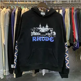 Moletons masculinos moletons nicho de nicho rhudehoodies Castelo de alta definição impressão de algodão de alta qualidade RG99