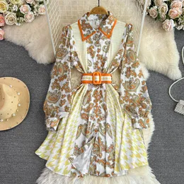 2023 Casual Dresses Women Mini Dress Elegant Spring Summer Fashion Houndstooth Paisley Print Lantern Sleeve Single Breasted Belt Vintage Dress