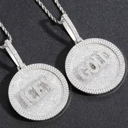 Collana con pendente rotondo rotante con nome personalizzato, lettere CZ ghiacciate, diametro 5 cm, con catena a corda da 3 mm gratuita