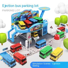 Diecast Model The Tayos Little Bus Pull Back Cartoon Parking Lot Toys Childrens Matching Track Minibus Alloy Car Collection Of Tayo Scene 230406