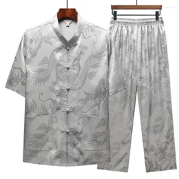 Men's Casual Shirts Gray Traditional Chinese Style Tang Suit Print Pattern Handmade Buttons Blouse Men T Tops Jackets Pants