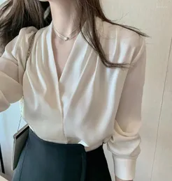 Women's Blouses Chic Unique White V-Neck Satin Shirt Women Office Lady Sophisticated Stylish Elegant For Commuting Outfits Work