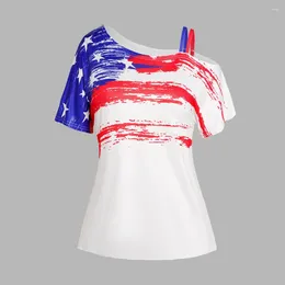 Kvinnors T-skjortor L-5XL plus storlek kurva kvinnor skjorta sned axel stjärna randig tryck skev nacke patriotisk tee