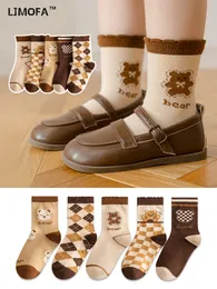 Kids Socks LJMOFA 5 Pairs Winter Autumn Plaid Striped Girls Cute Cartoon Bear Pattern for Baby Retro Skateboard Sock C159 230407