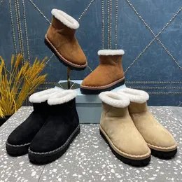 Inverno sola grossa botas de neve moda feminina lã quente salto plano camurça camurça casual cabeça redonda triângulo decoração luxo designer bota