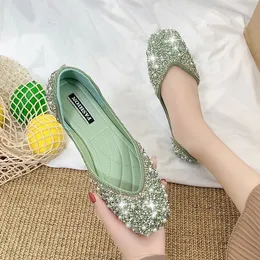 Sandaler Glitter Crystal Pearl Pink Flats Ballet Shoe Moccasins Square Toe Slip On Summer Loafers grunt Ballerina Female 230407