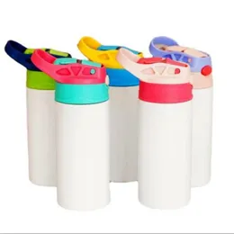 Canecas de sublimação de estoque em branco Kids Tumbler Baby Bottle Sippy Cups 12 OZ Garrafa de água branca com palha e tampa portátil 5 tampas de cores Pri Qofc