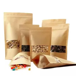 100 pcs/lot Kraft Paper Bag Zipper Stand up Food Bags Reusable Sealing Pouches with Transparent Window Bags Auetn