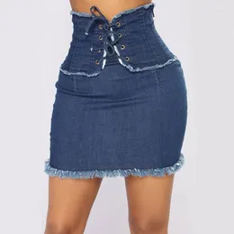 Saias 2023 Mulheres Jupe Cintura Alta Lace Up Blue Denim Primavera Verão Femme Vintage Indie Bandage Tassel Gótico Skinny Lápis Saia Jeans