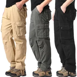 Mäns byxor Spring och Autumn Cargo Pants Multi-Pocket Loose Work Clothes Men's Military Running Training Sports Pants Bomull Stor storlek 231107