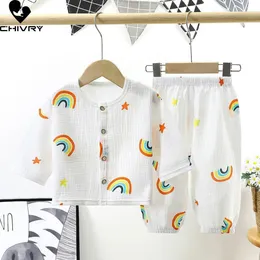 Pajamas Kids Summer Boys Girls Cartoon Thine Three Quarter Cotton Yarn Terts with Pants Baby Baby Sleeping Clother مجموعات 230407