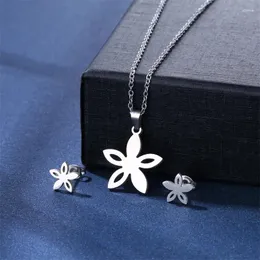 Necklace Earrings Set 30set/lot Stainless Steel Silver Color Flower Pendant Chain Stud Earring For Women Fashion Jewelry Gift Wholesale