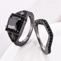 Klusterringar 2st. Eternity Solitaire Black Sapphire Cubic Zirconia Women Birthday Band Ring Set Female CZ Pave Engagement Party Jewelry