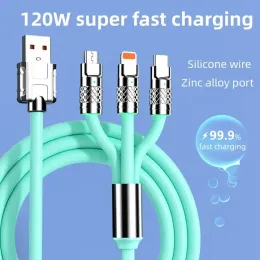 3-in-1 120w 6A super fast charging USB cable, suitable for iPhone, Android, and type-c charging interfaces.