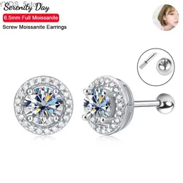 Stud Serenity Günü Gerçek D Renk 5mm 6.5mm Moissanit Vidalı Küpe S925 STERLING Gümüş Yuvarlak Çanta Saplama Kulak İnce Takı YQ231107